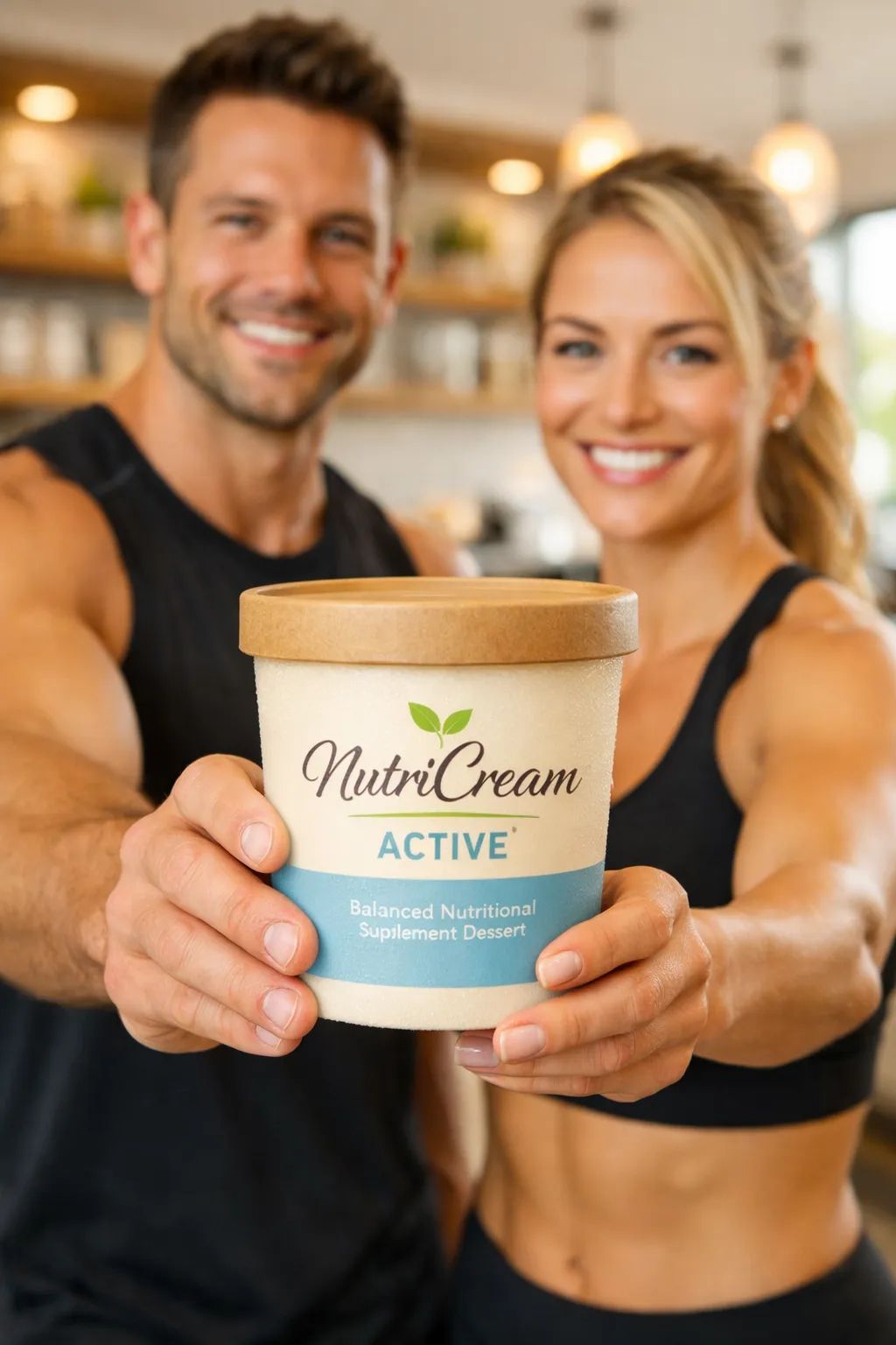NutroCream ACTIVE product packaging held by fitness athletes