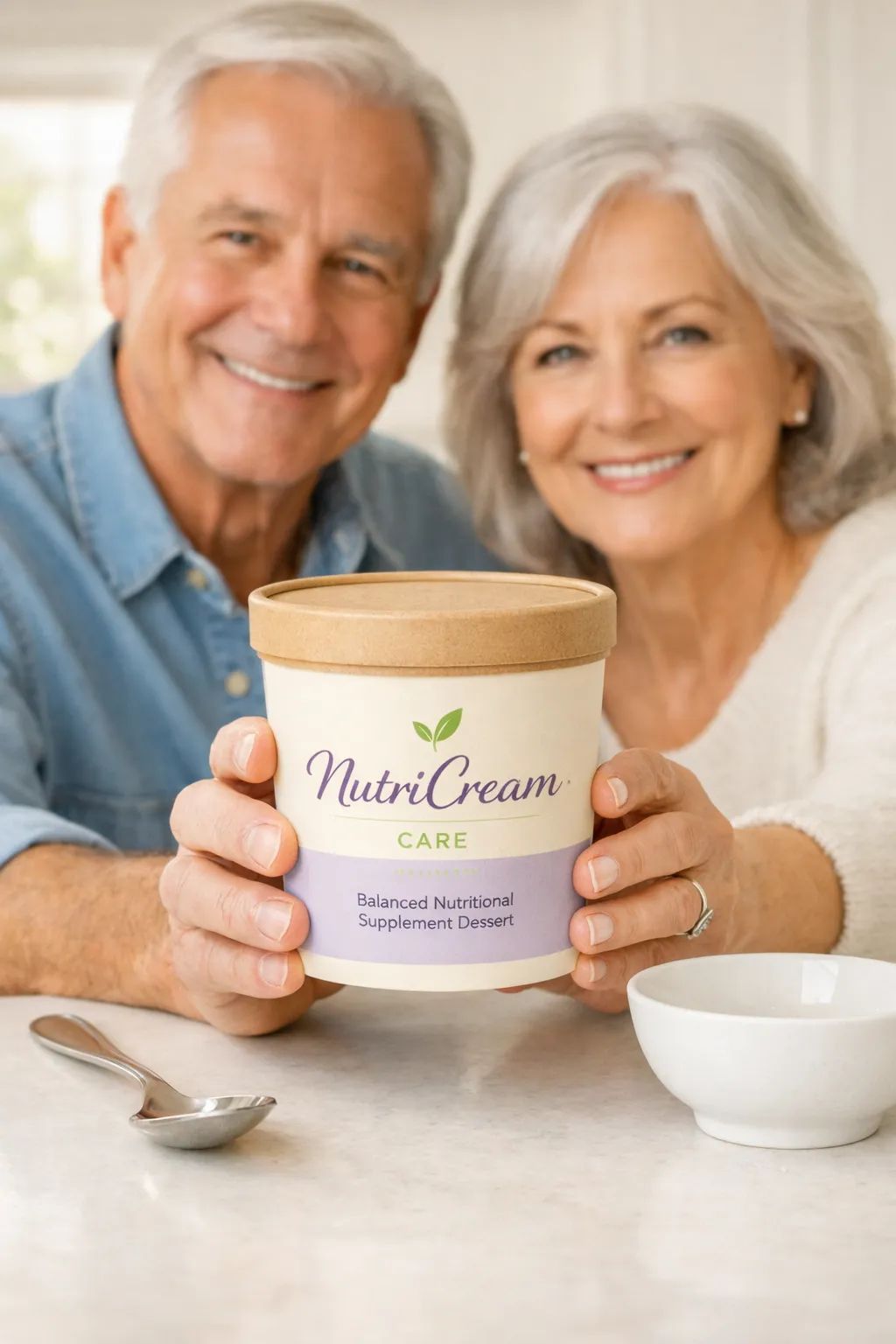 NutroCream CARE packaging held by smiling senior couple